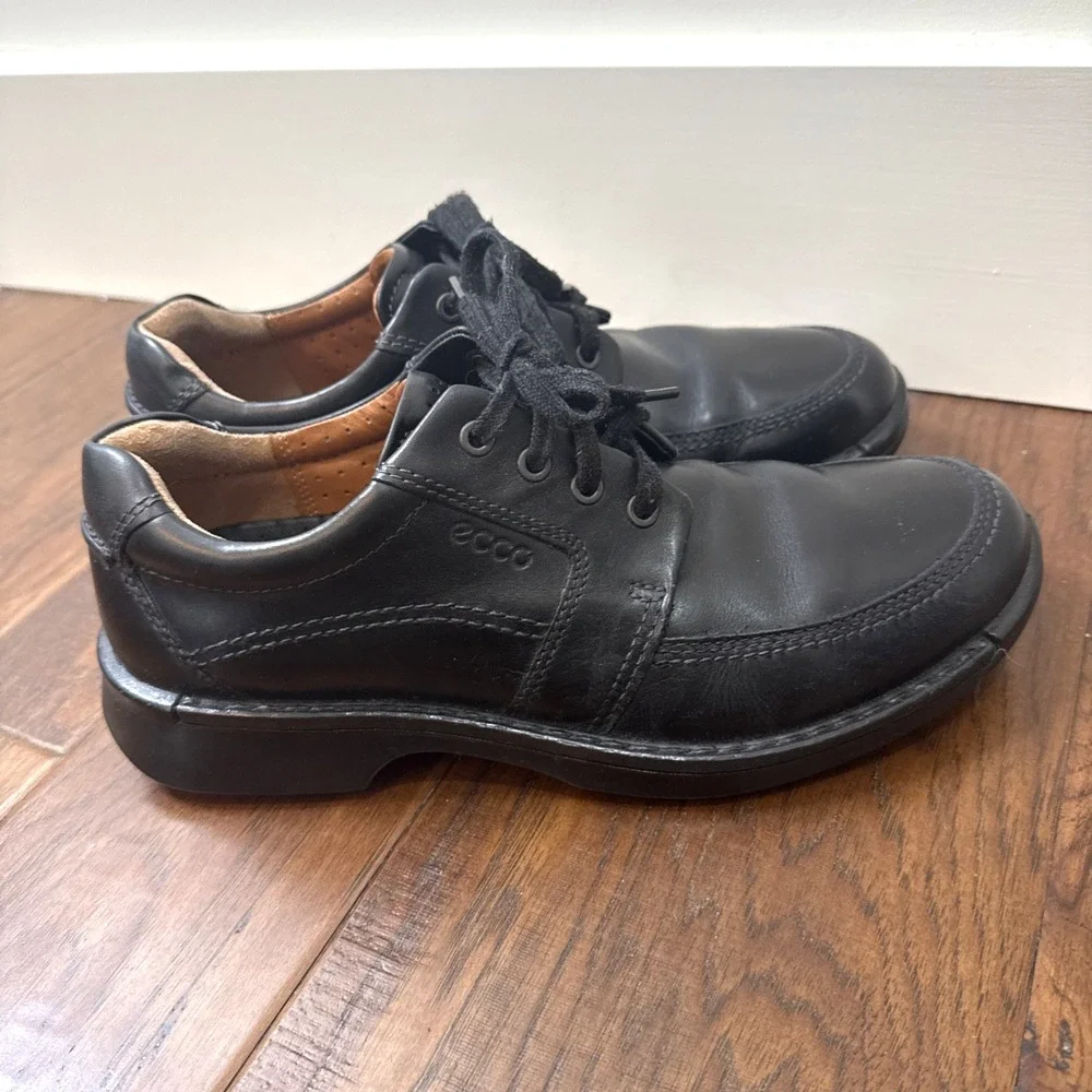 ECCO Leather Moc Oxford Men's 9 Black Comfort Dress Sneakers Lace Up Shock Point